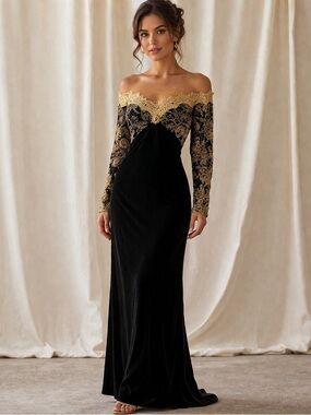 VTG SCOTT MCCLINTOCK Black Gold Romantic Velvet Off-Shoulder Evening Gown 12
